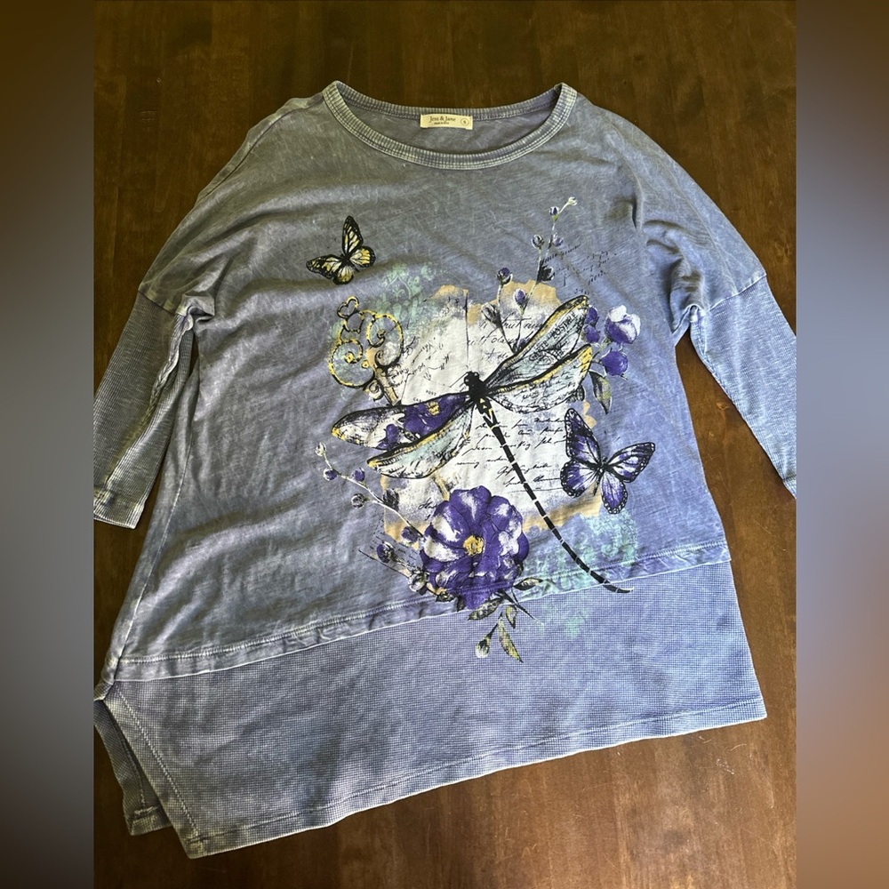 Jess & Jane Floral Tunic Top Size Small‎ Artsy Butterfly Nature Art to Wear 🦋
